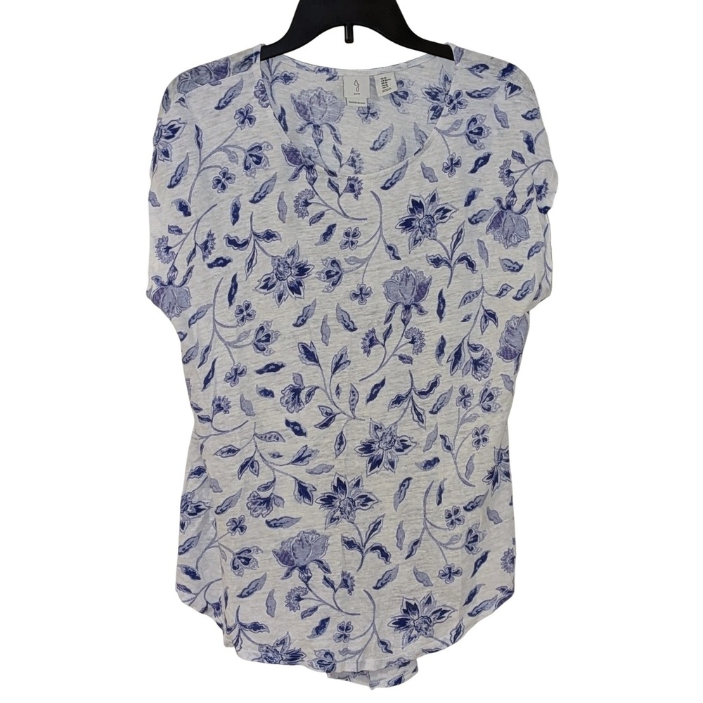 Joie Womens XL Blue White Floral 100% Linen Scoop‎ Neck Short Sleeve Knit Top